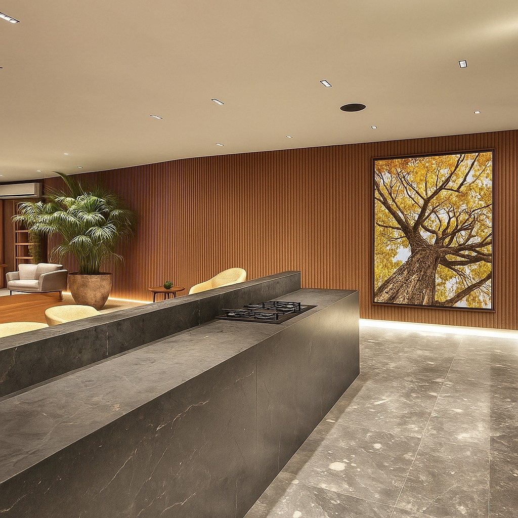 Kitchen with slatted panel