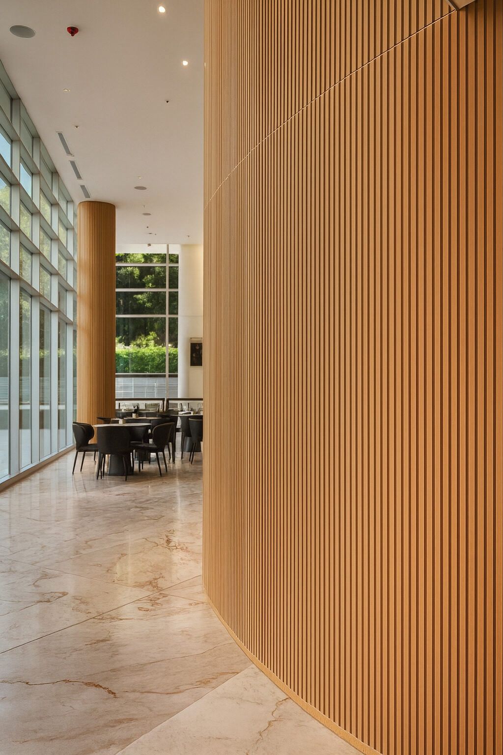 Curved slatted wall in a lounge