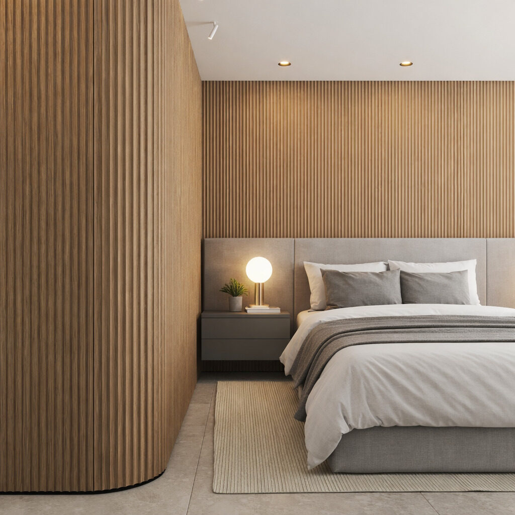 Curved slatted wall in the bedroom