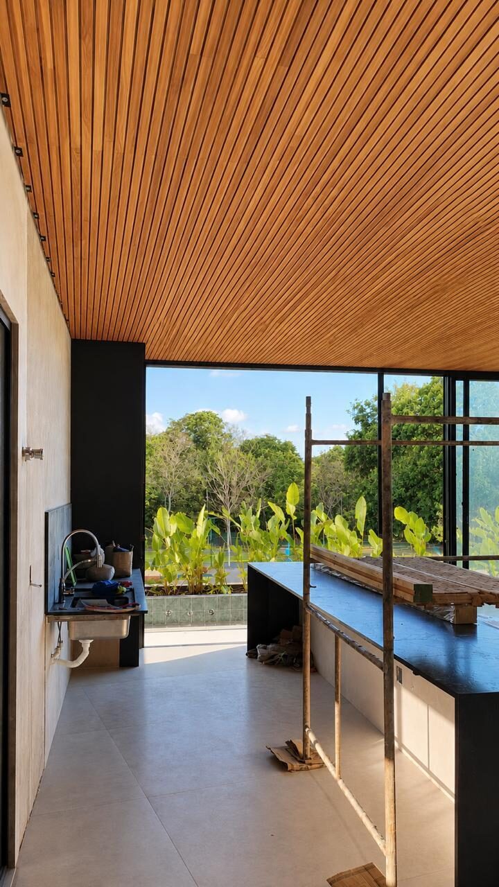Porch with a solid Teak slatted ceiling
