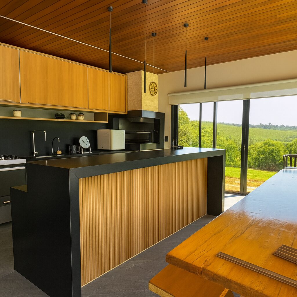 Dining space with slatted ceiling