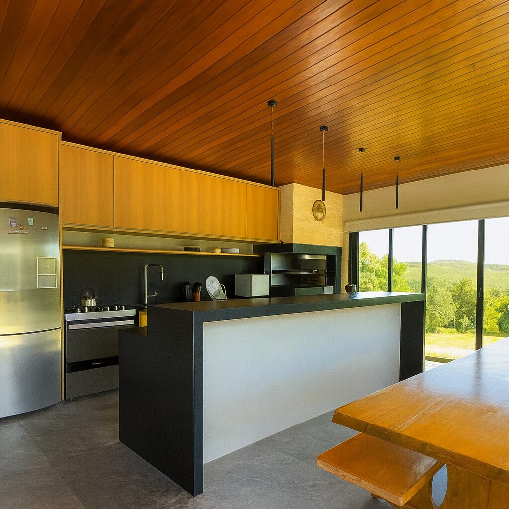 Slatted kitchen with island