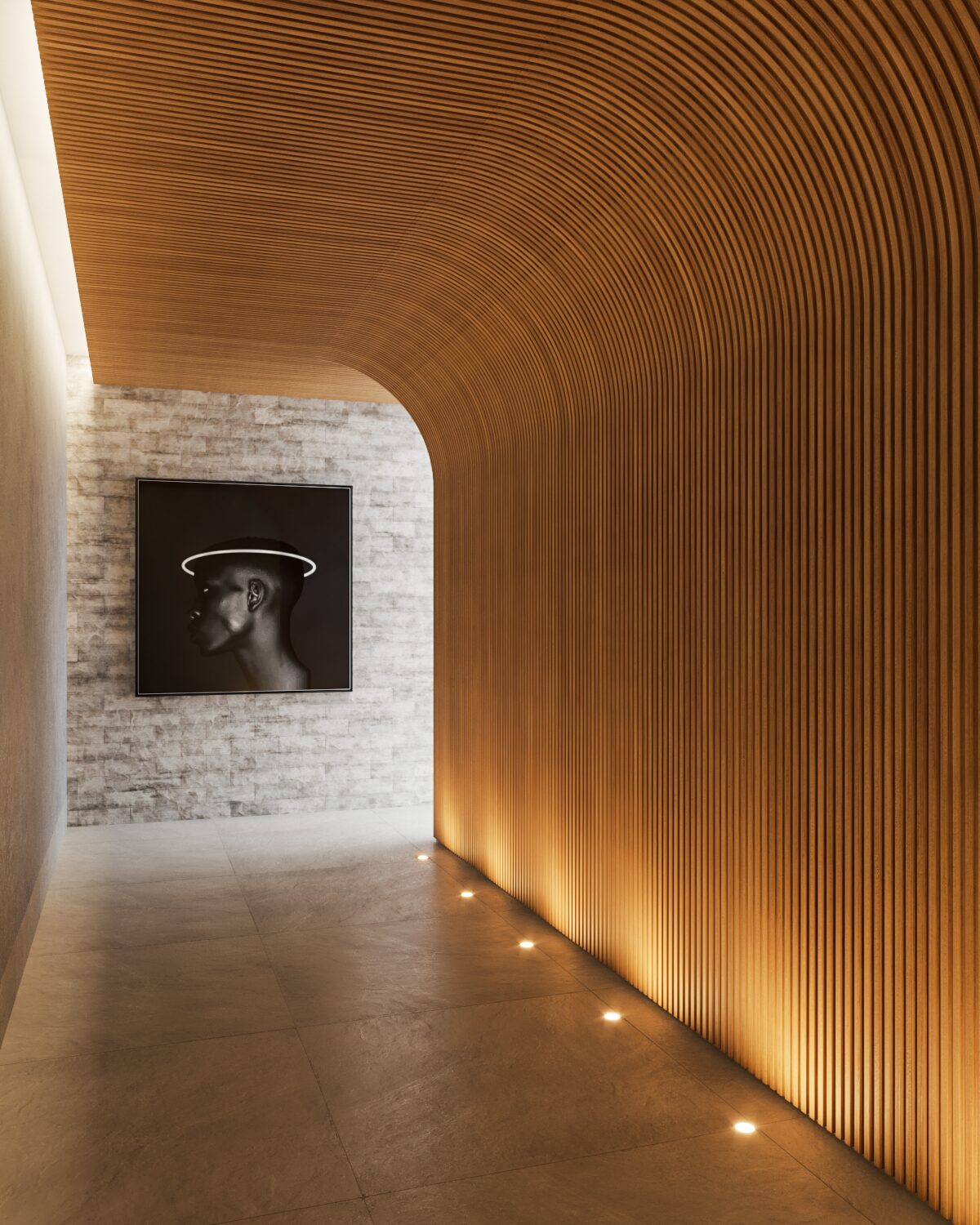 Hallway with lit curved arch