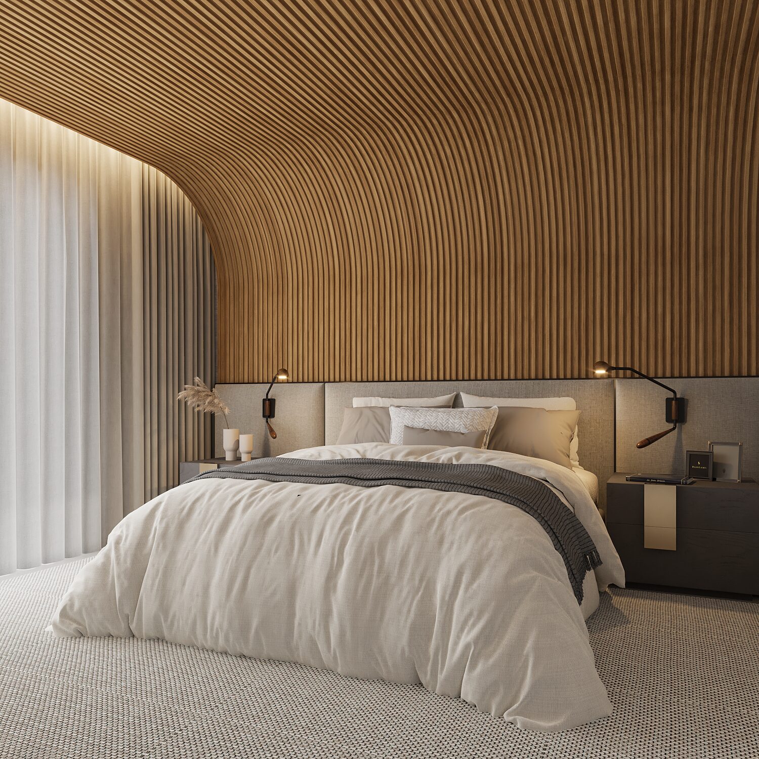 Bedroom with curved slatted wall