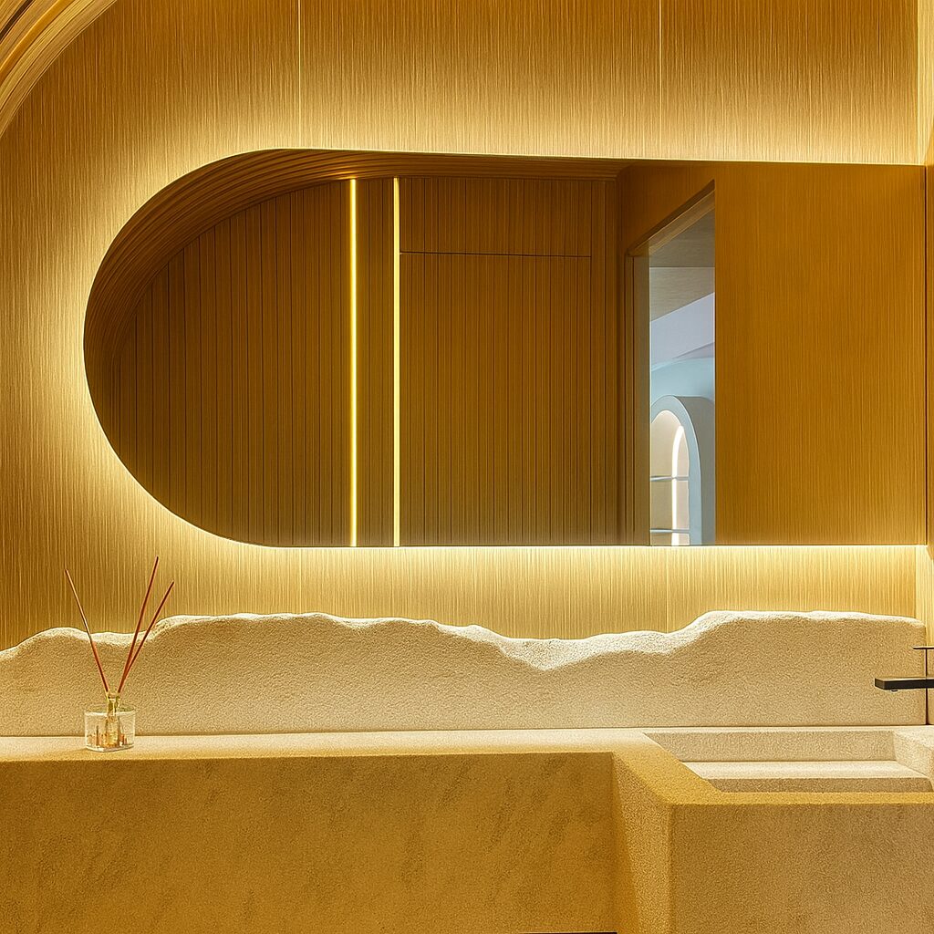Powder room with lit curved arch