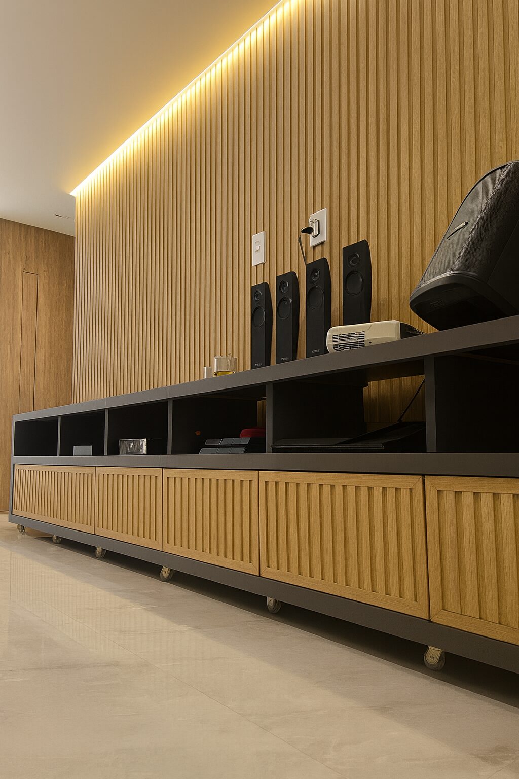 Slatted panel with home theater and TV