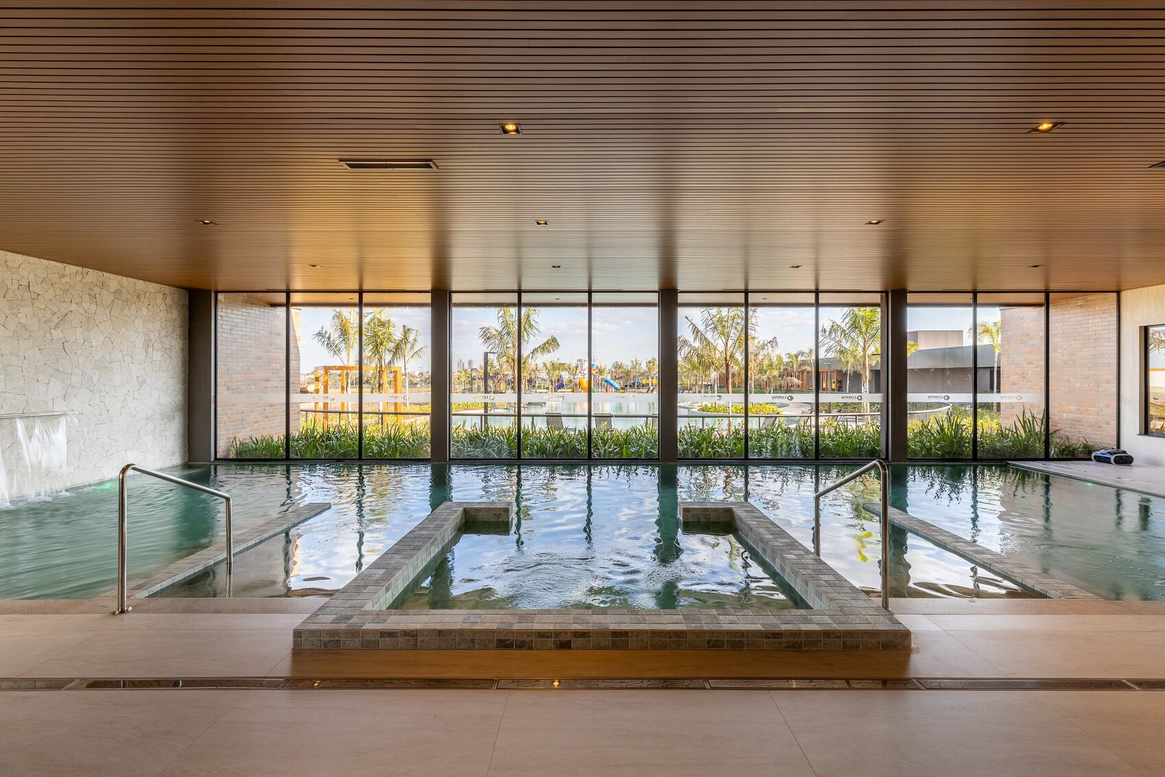 Covered pool with slatted ceiling