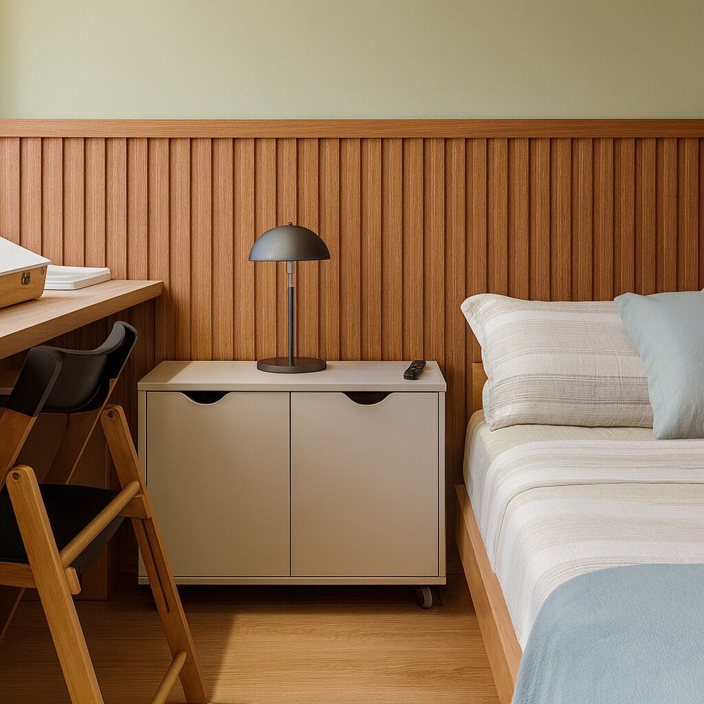 Bedroom with slatted headboard