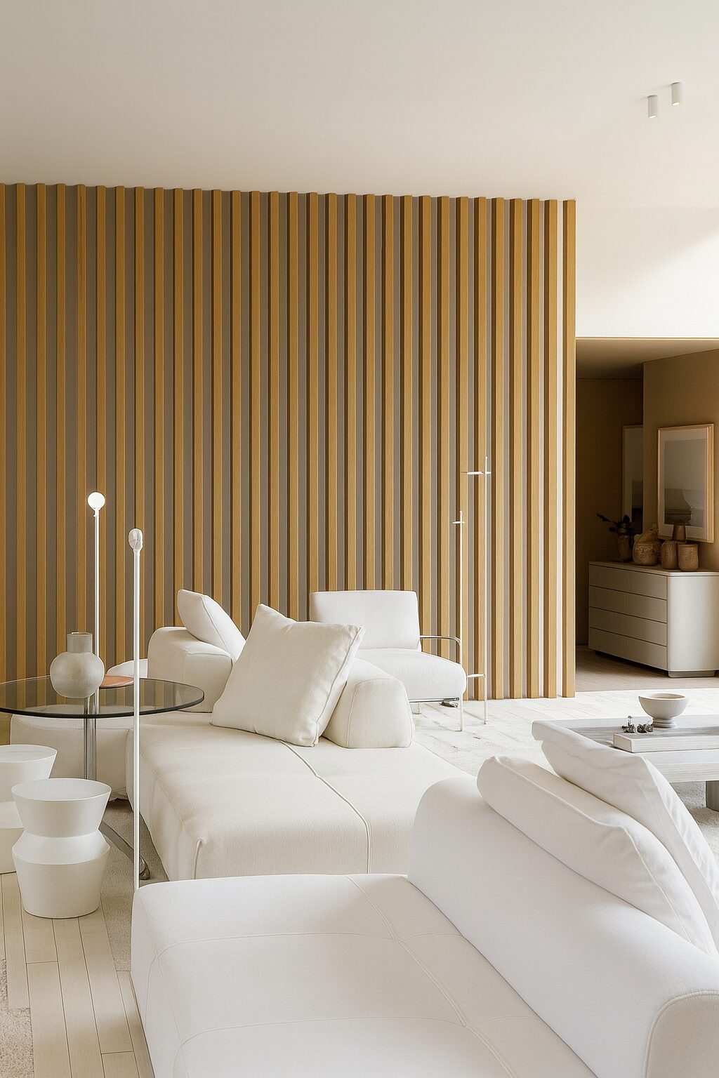 Bright living room with slatted wall