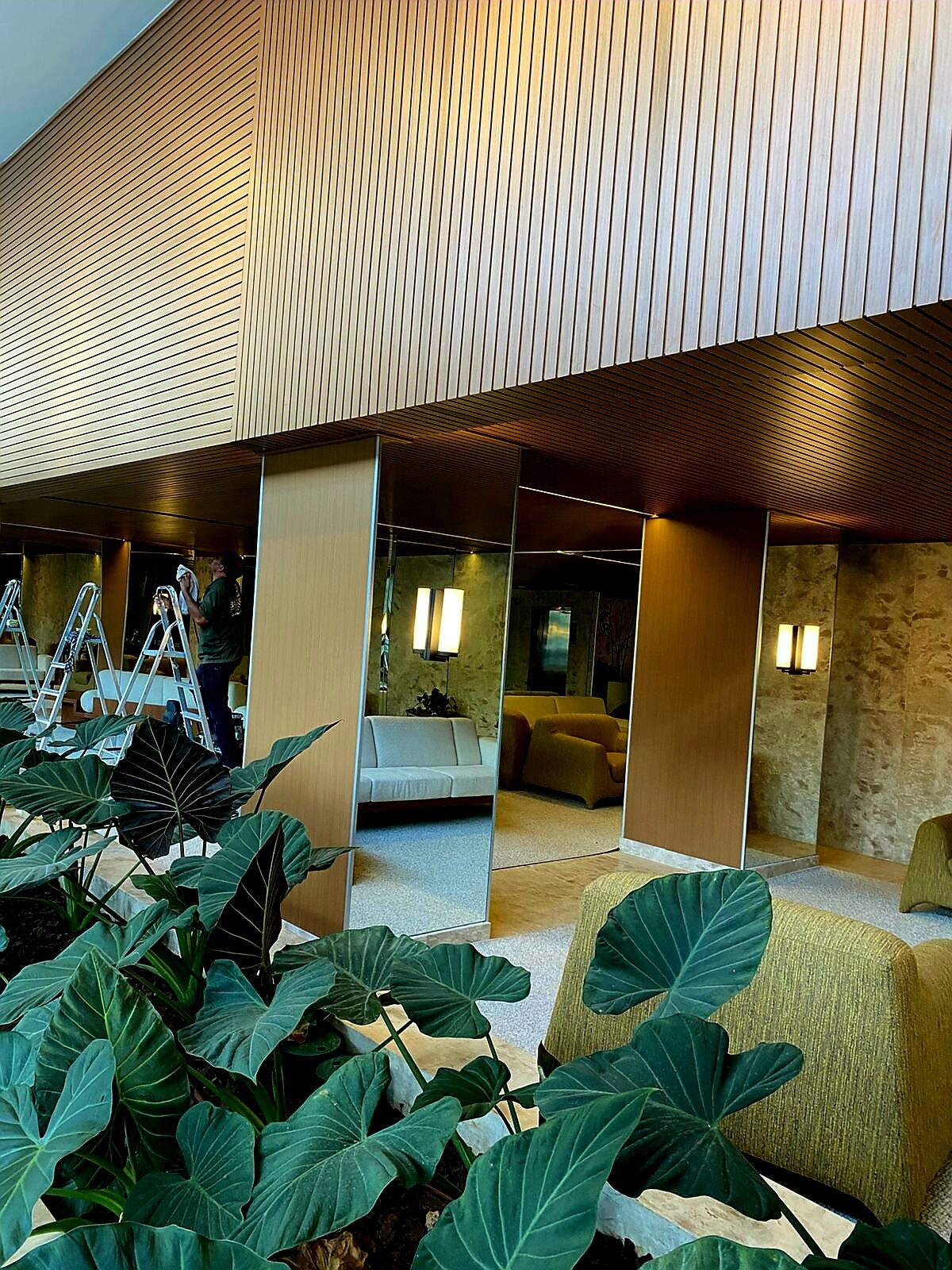 High ceiling clad in slats
