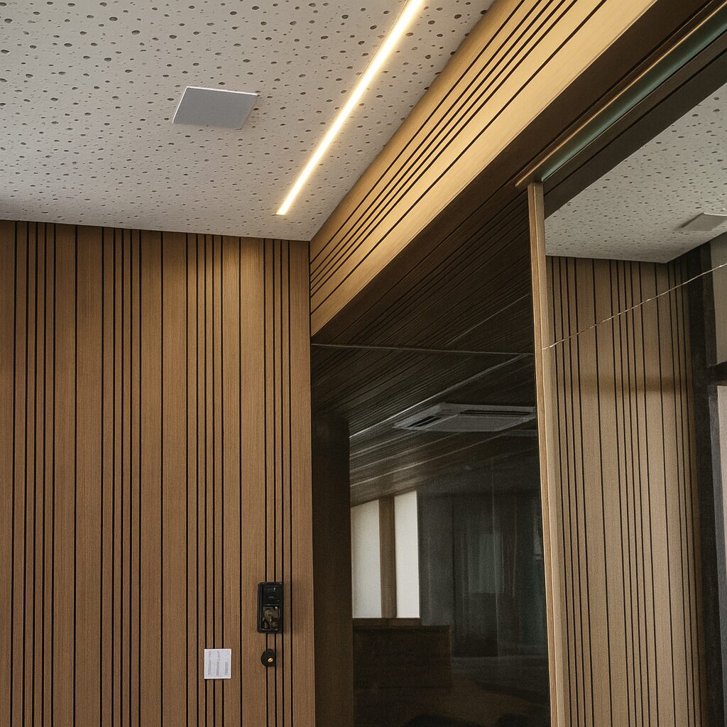 Slatted ceiling with linear lighting